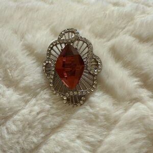 Elegant Silver and Coral Tone Gemstone Brooch